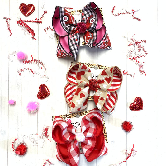 Valentines Day Fun Bow ~ Faux Burlap Hearts Layered on Red & White Stripe ~Hairbow by iBOWZ