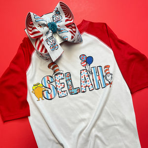 Dr. Seuss Cat and the Hat - Personalized Name Tee Shirt + Matching bow ~ Perfect for National READ Day ~ Dr. Seuss Birthday is March 2nd  ~ Exclusive iBOWZ design