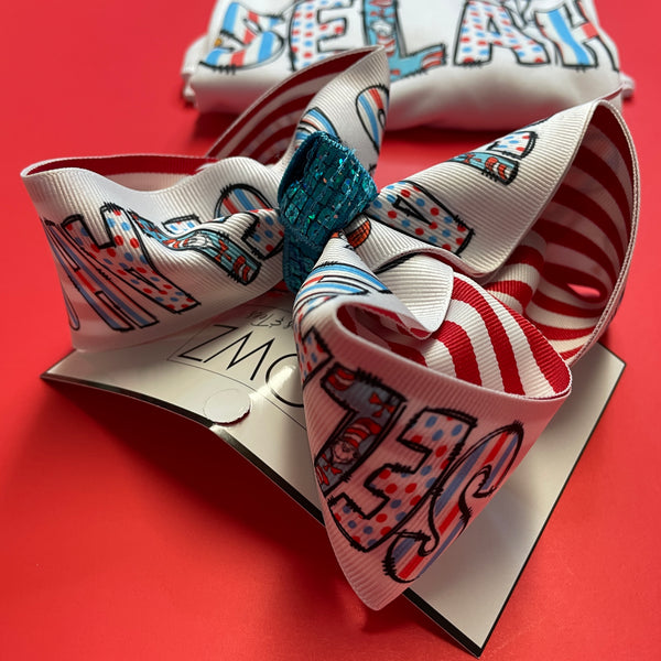{BOW ONLY}  Personalized  Name Bow in Dr. Seuss Print ~ Perfect for Dr. Seuss Bday March 1st aka National Read Week~ Exclusive iBOWZ design