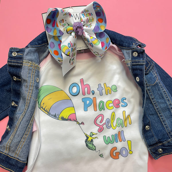 Oh the Places you will Go Personalized Name Tee Shirt + Matching bow  Dr. Seuss ~ Perfect for National READ Day ~ Dr. Seuss Birthday is March 2nd  ~ Exclusive iBOWZ design