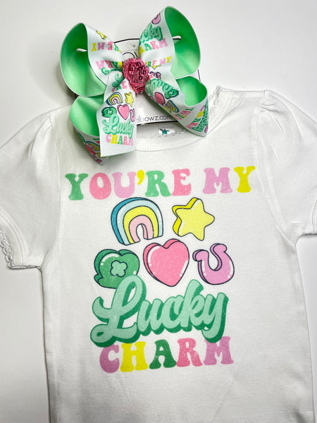 Your My Lucky Charm Tee and Matching Hairbow ~ Super Cute Patties Day Holiday outfit ~Graphic Tee & Boutique Style Hairbow ~ Exclusive iBOWZ design