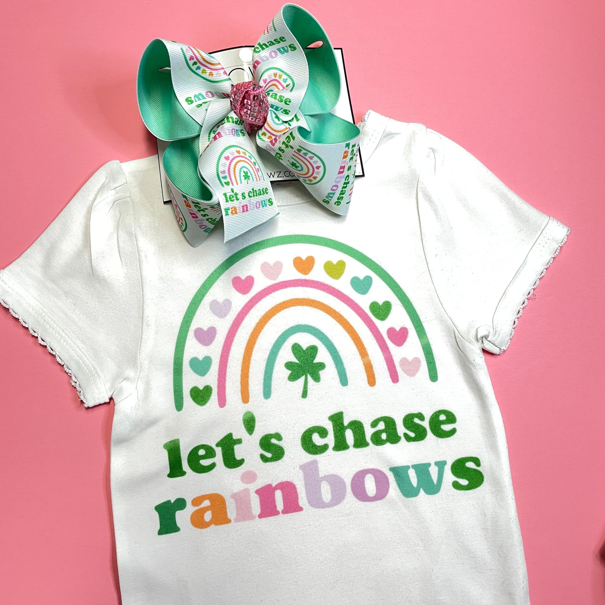 Let's Chase Rainbows Tee and Matching Hairbow ~ Great for Patties Day or Every Day ~Graphic Tee & Boutique Style Hairbow ~ Exclusive iBOWZ design