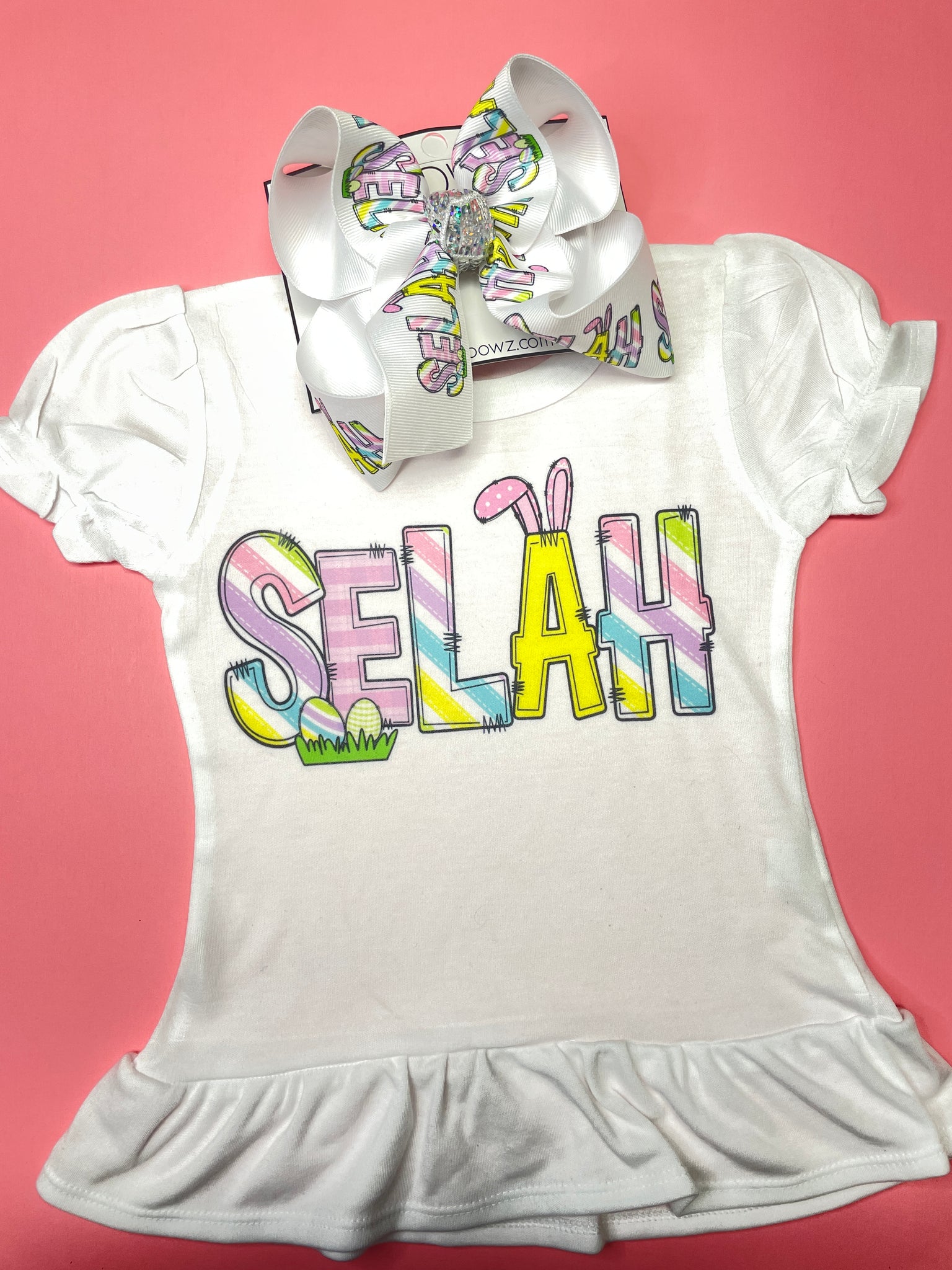 Easter Fun Personalized Name Tee Shirt + Matching bow ~Easter Fun Graphic Tee Shirt and Hair bow  ~ Exclusive iBOWZ design