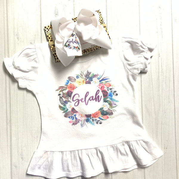Single Layer bow Combo ~Floral Wreath Name or Monogram SINGLE LAYER  iBOWZ  & Ruffle Tee Set !  Perfect All your Fall Get-togethers + Great for Photoshoots