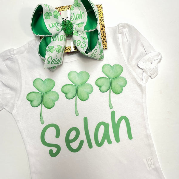 Personalized St. Patricks Day Clovers & Name Fun Ruffle Tee & Matching Hairbow ~  Exclusive iBOWZ design