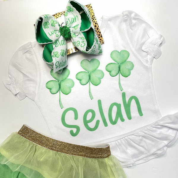 Personalized St. Patricks Day Clovers & Name Fun Ruffle Tee & Matching Hairbow ~  Exclusive iBOWZ design
