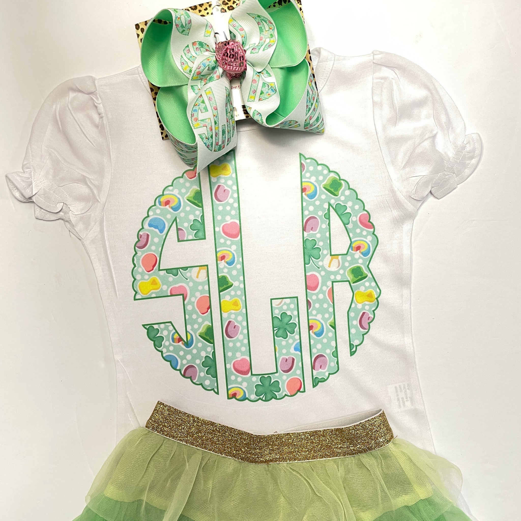 Lucky Charm Monogram Initials ~ St. Patricks Day Fun Ruffle Tee & Matching Hairbow ~  Exclusive iBOWZ design