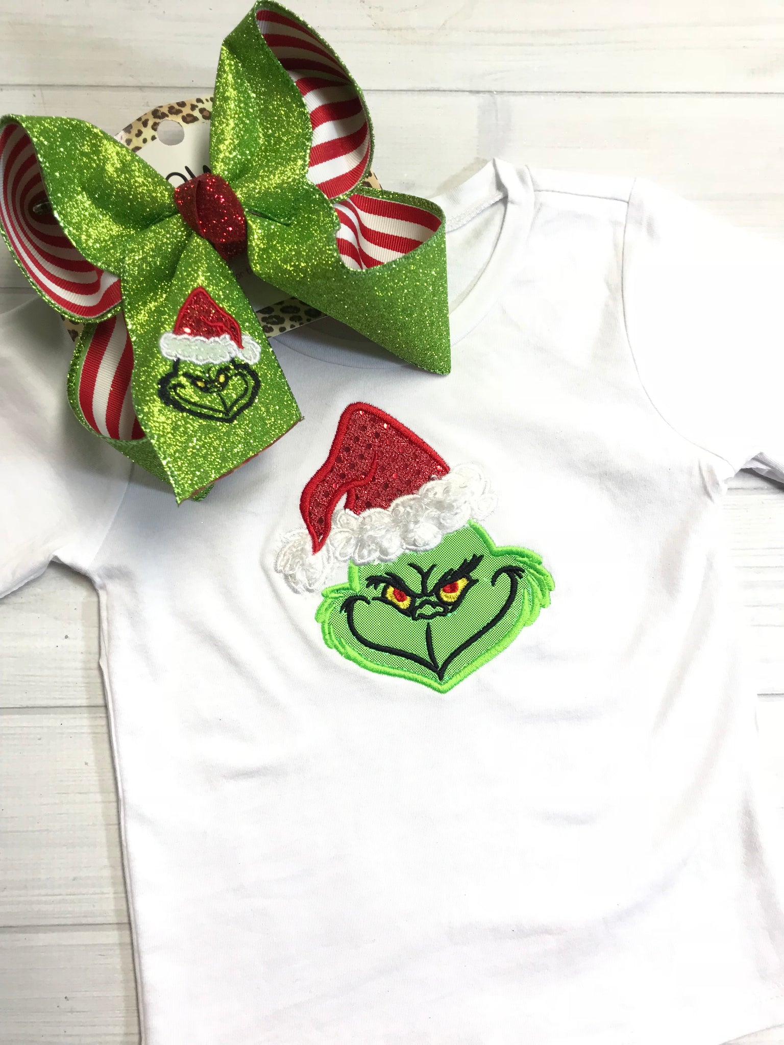 SURPRISE DROP BLACK FRIDAY ~ READY 2 SHIP ~ THE GRINCH ~ SHIRT & BOW COMBO ~ WHITE LONG SLEEVE