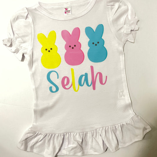 { Shirt Only } Easter Peeps Personalized  Ruffle Tee ~  Exclusive iBOWZ design~ Perfect for Easter festivities _ Easter bunny pictures