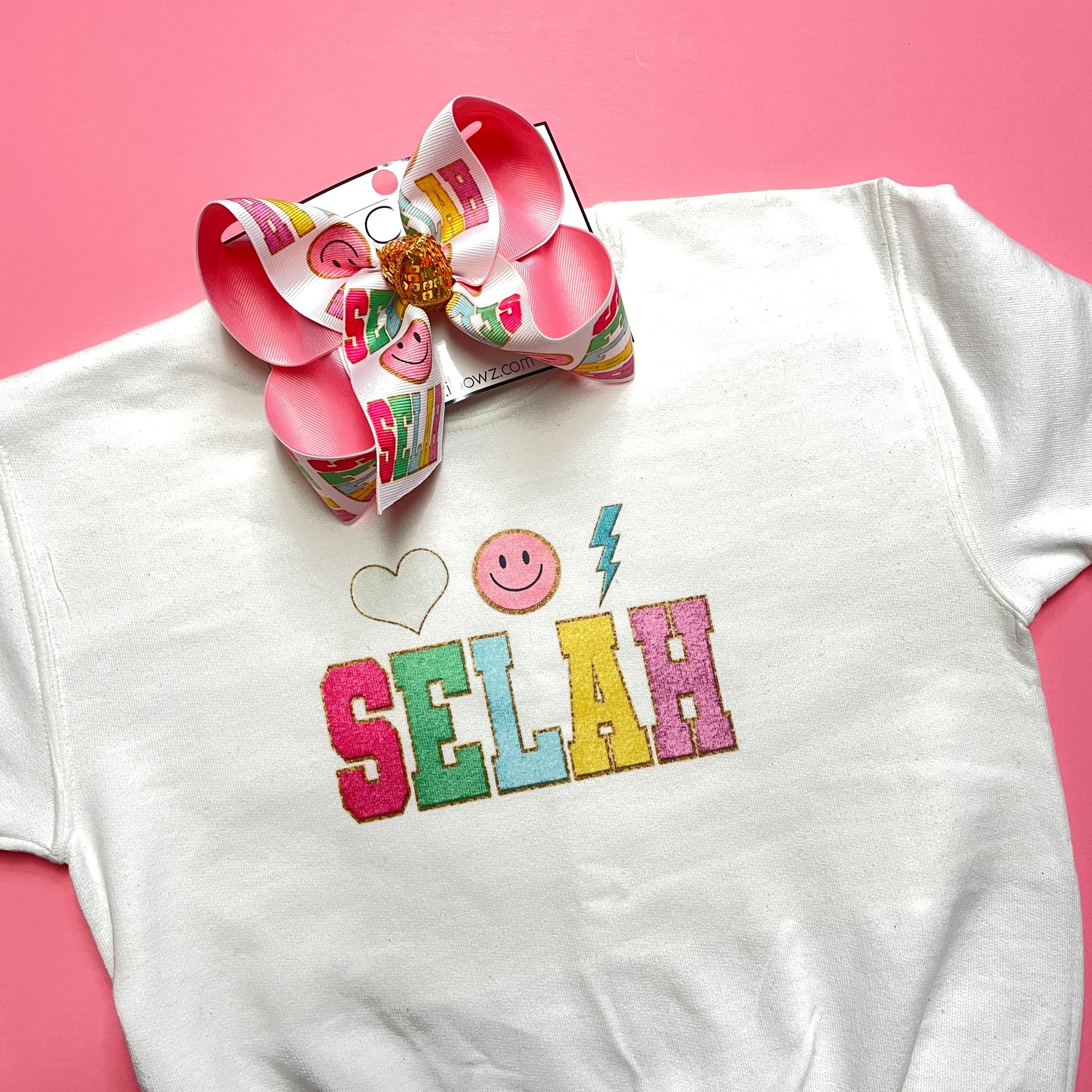 New Faux Patch Name & Smiley Face Tee & Matching Hairbow  ~ Choose your Shirt Style ~ Exclusive iBOWZ design