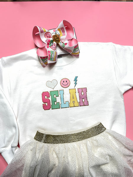 New Faux Patch Name & Smiley Face Tee & Matching Hairbow  ~ Choose your Shirt Style ~ Exclusive iBOWZ design