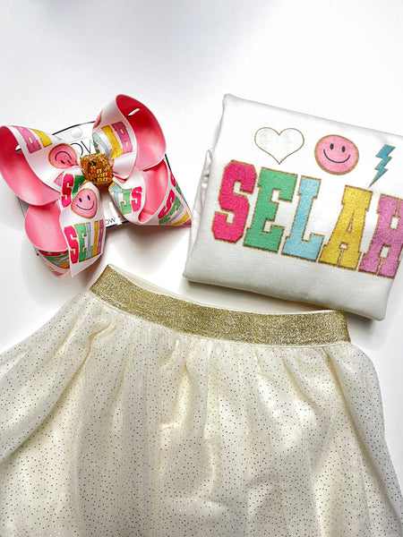 New Faux Patch Name & Smiley Face Tee & Matching Hairbow  ~ Choose your Shirt Style ~ Exclusive iBOWZ design