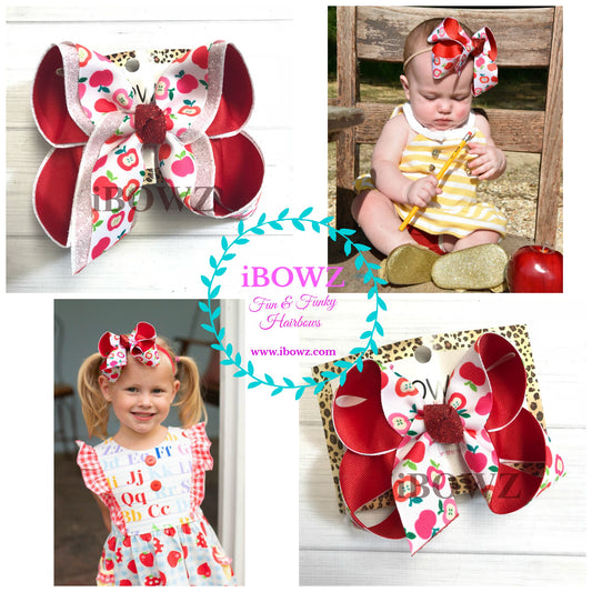 School Fun bow ~ Oh so cute Apple Print  ~iBOWZ Fun & Funky hairbows